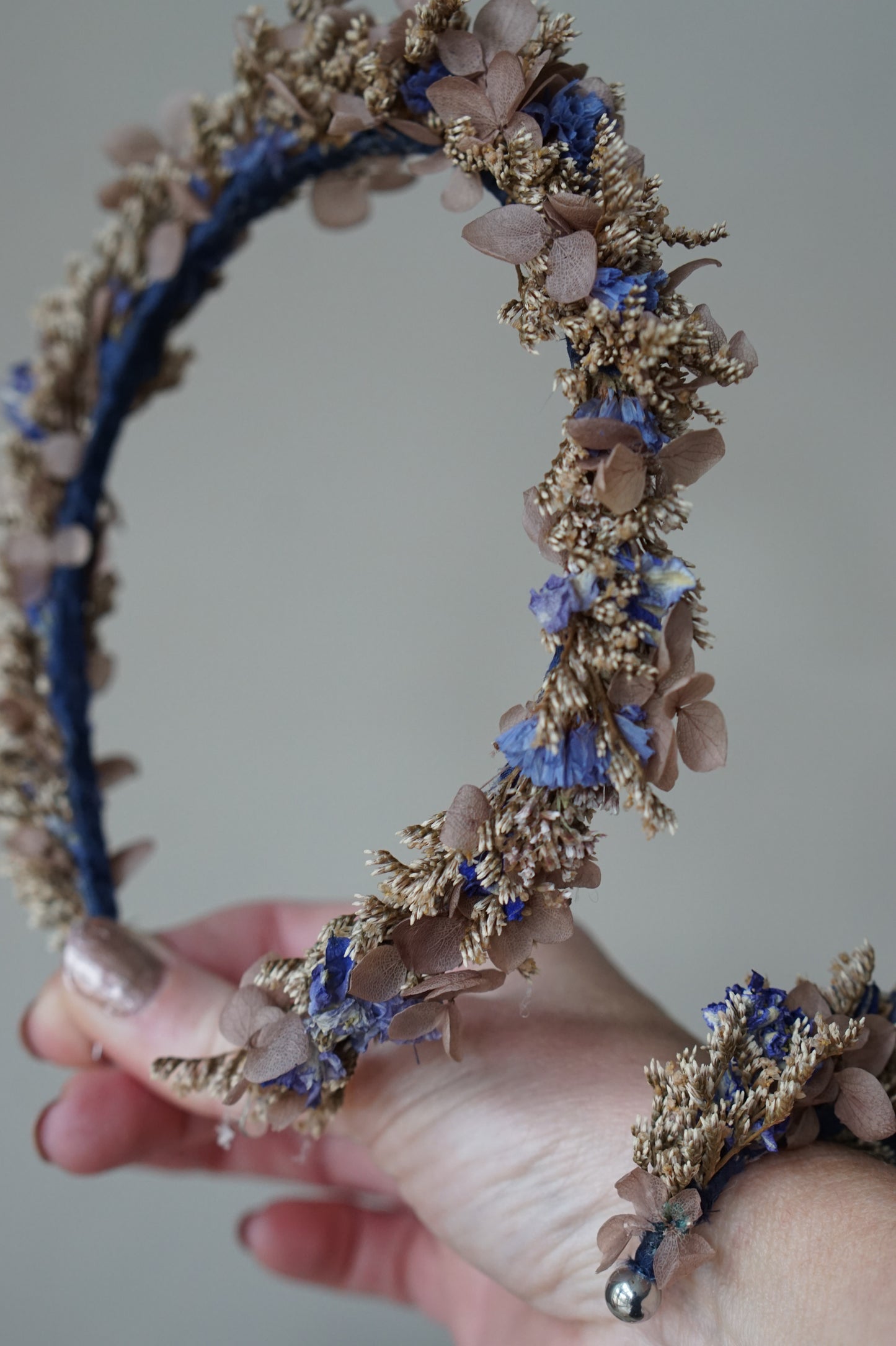 Dried Flower Headband & Bracelet - Blue Silk