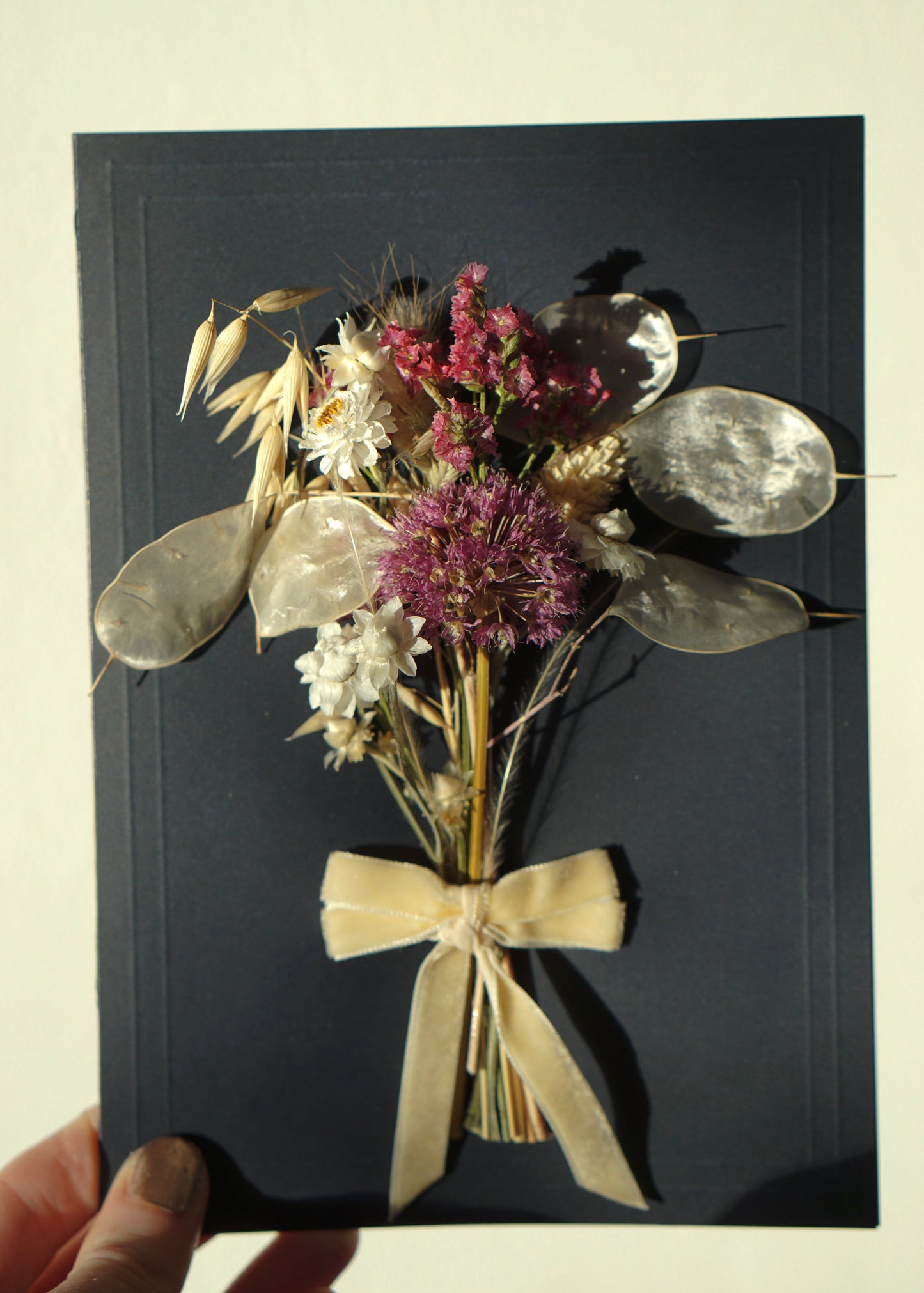 Large A5 Handmade Dried Flower Bouquet Greeting Card - Allium & Honesty with Ivory Velvet Bow - Boxed