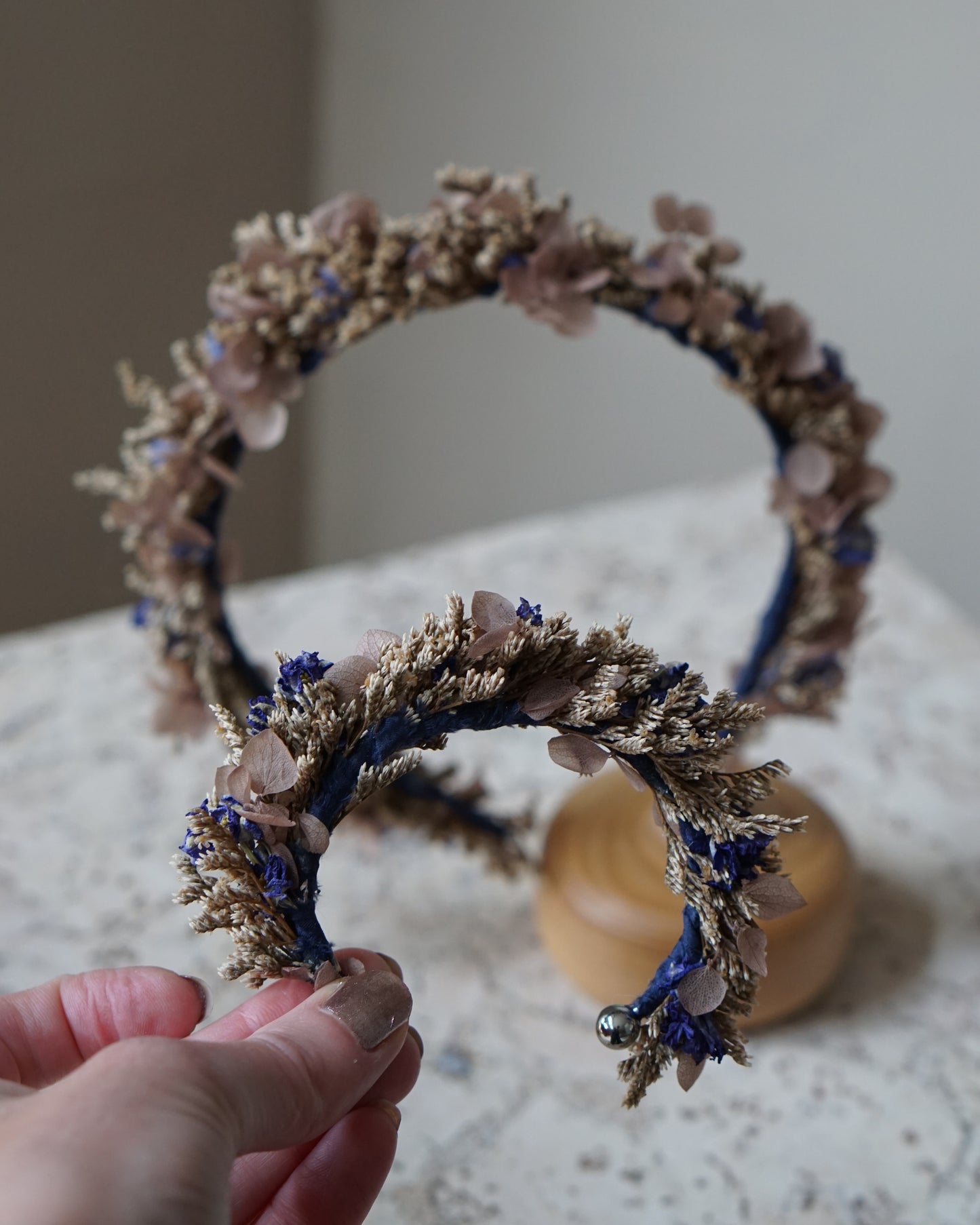 Dried Flower Headband & Bracelet - Blue Silk