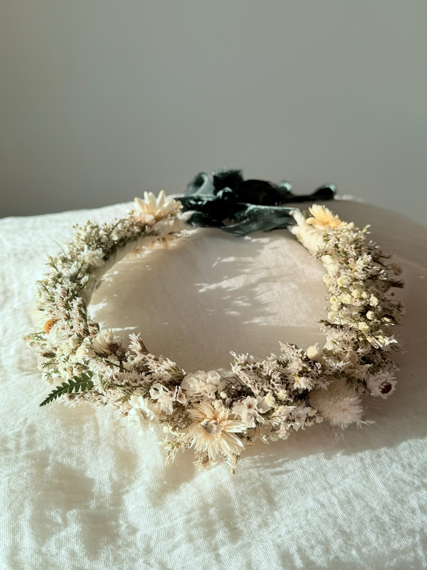 Flower Crown - white and green with silk velvet
