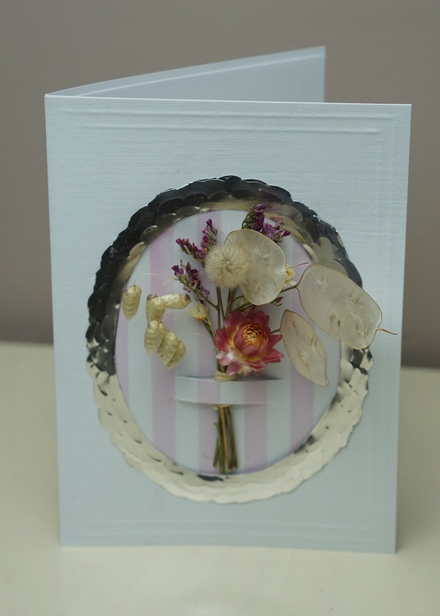 Luxury Handmade Dried Flower Bouquet Greeting Card - Silver Frame Pink Stripes