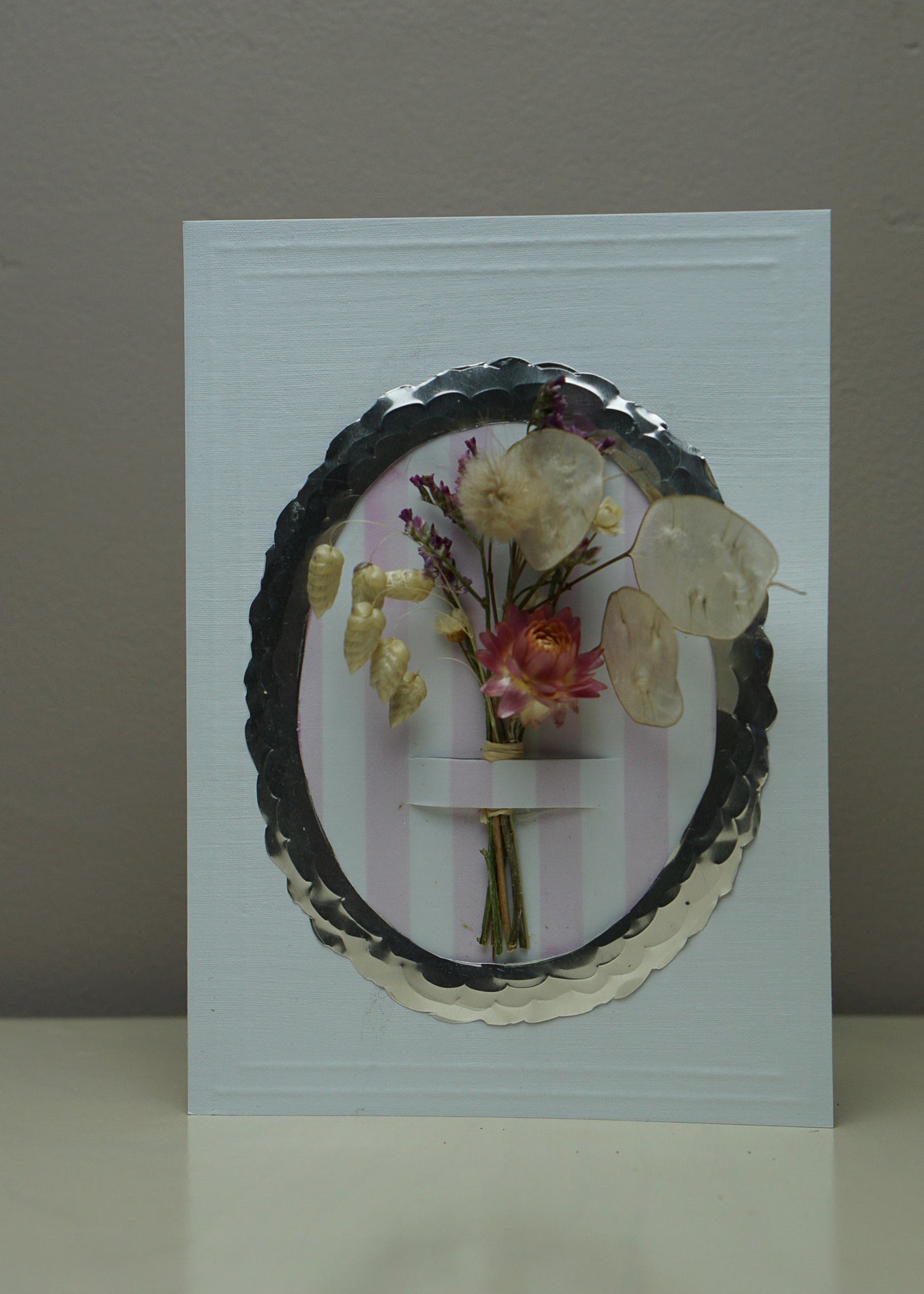 Luxury Handmade Dried Flower Bouquet Greeting Card - Silver Frame Pink Stripes