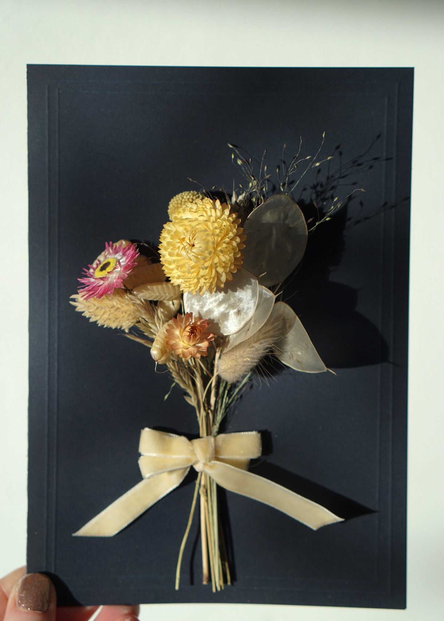Large A5 Handmade Dried Flower Bouquet Greeting Card - Yellow & Pink with Ivory Velvet Bow - Boxed