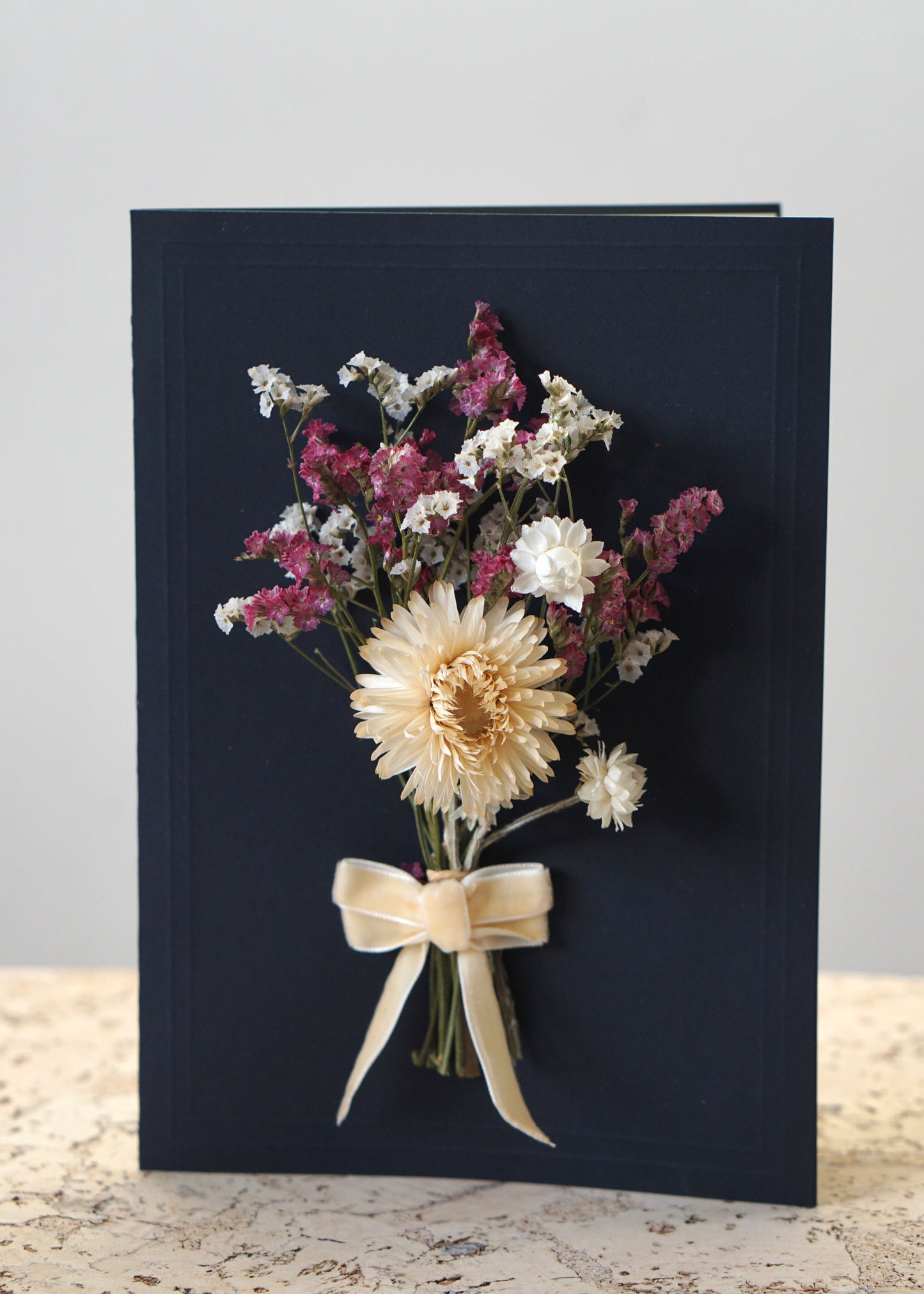 Large A5 Handmade Dried Flower Bouquet Greeting Card - White Strawflower & Ivory Velvet Bow - Boxed