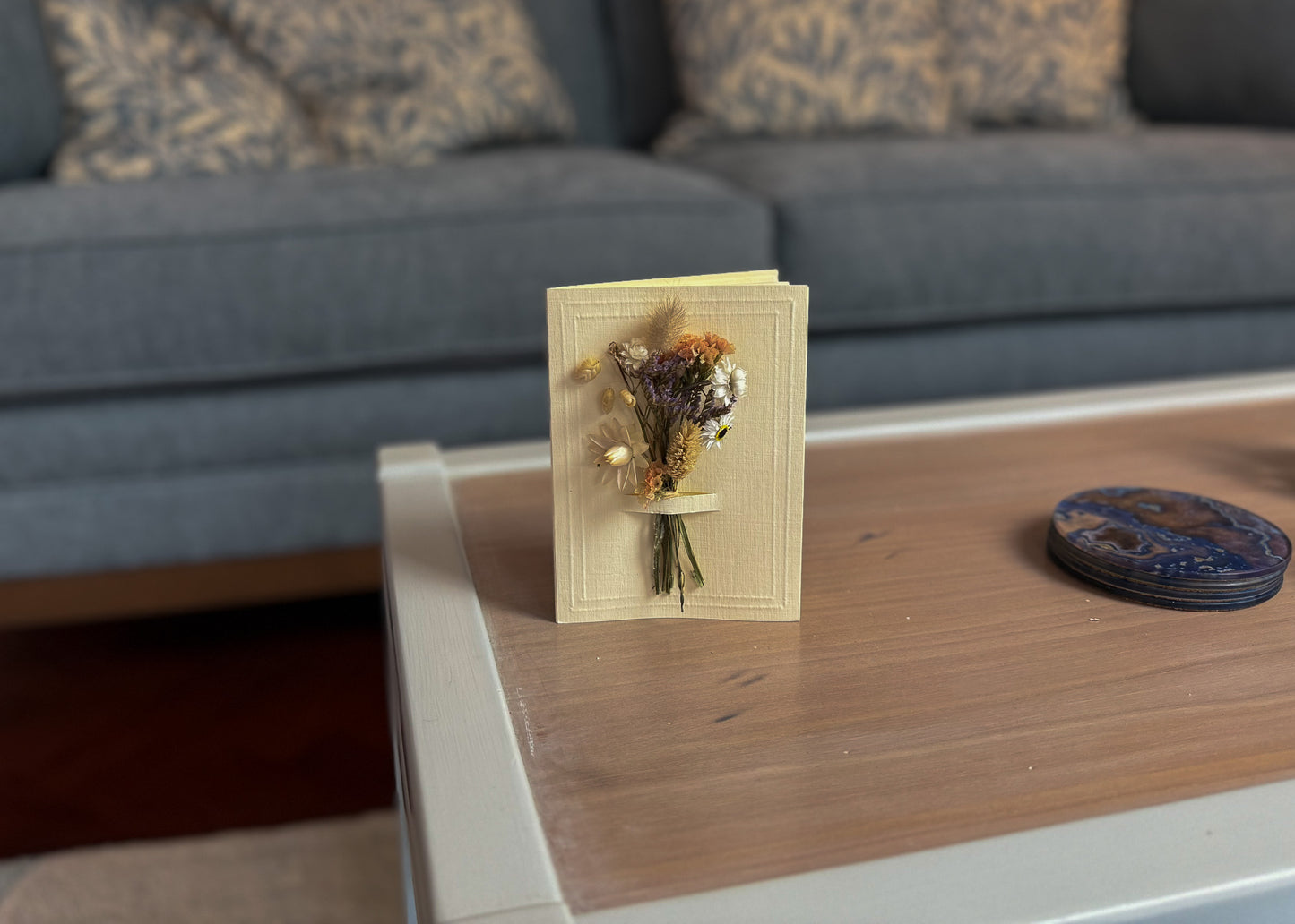 A6 Dried Flower Bouquet Greeting Card - Ivory - Boxed - Peach & Lilac