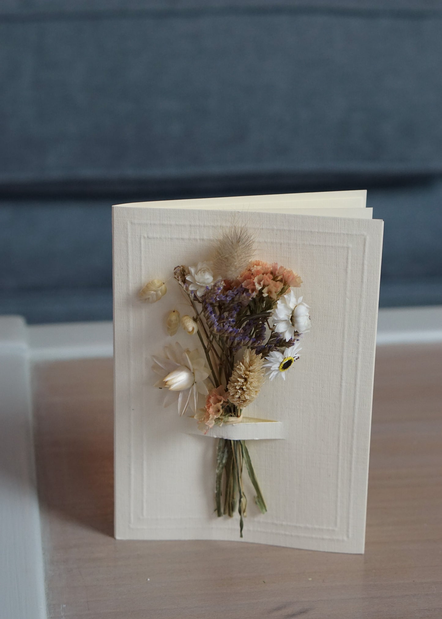 A6 Dried Flower Bouquet Greeting Card - Ivory - Boxed - Peach & Lilac