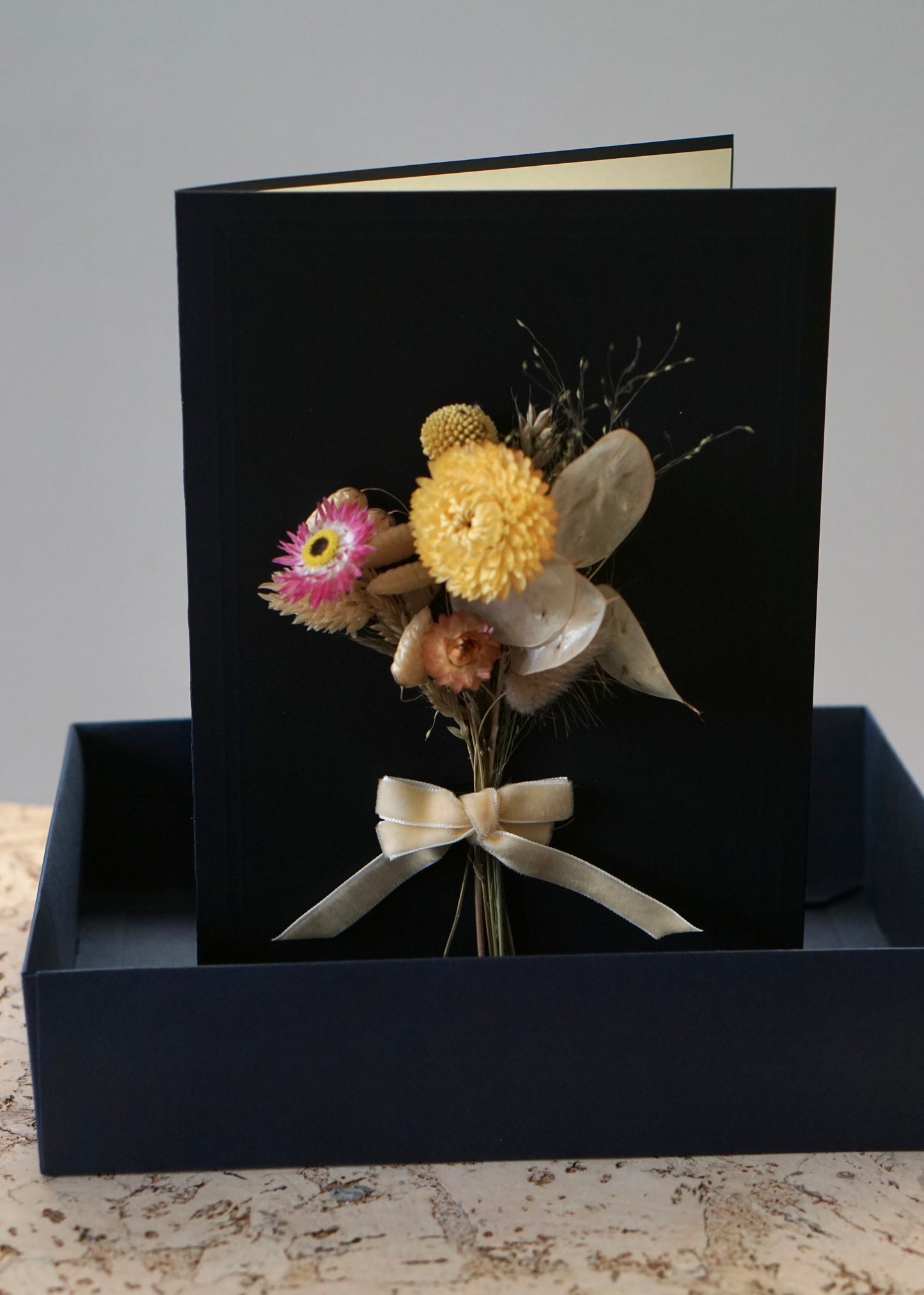 Large A5 Handmade Dried Flower Bouquet Greeting Card - Yellow & Pink with Ivory Velvet Bow - Boxed