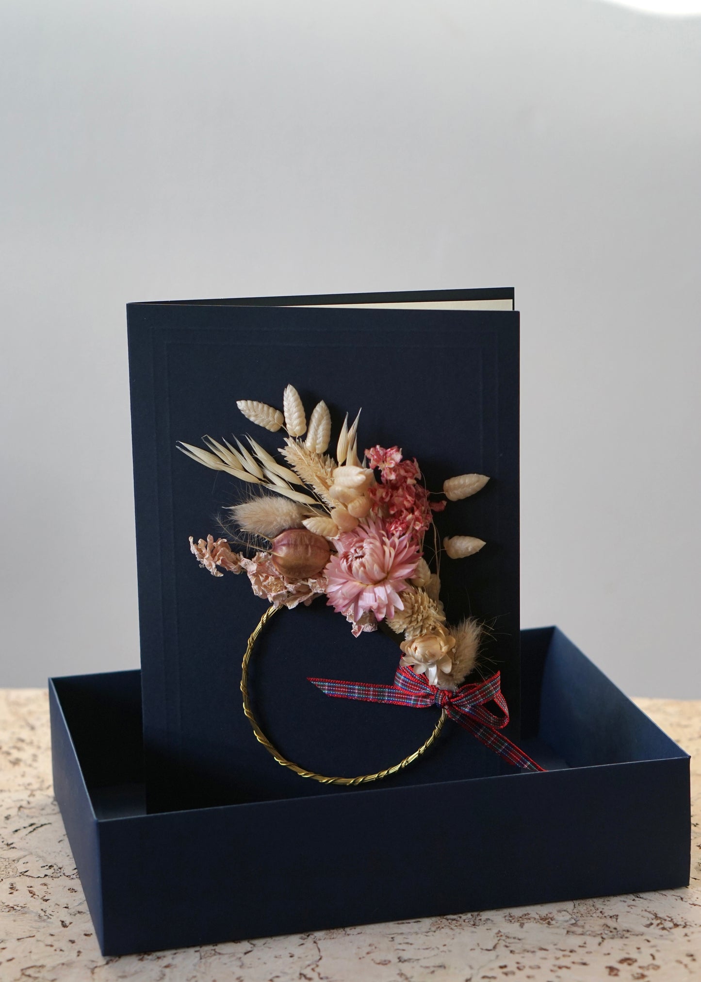 Large A5 Handmade Dried Flower Wreath Greeting Card - Pink Strawflower - Boxed