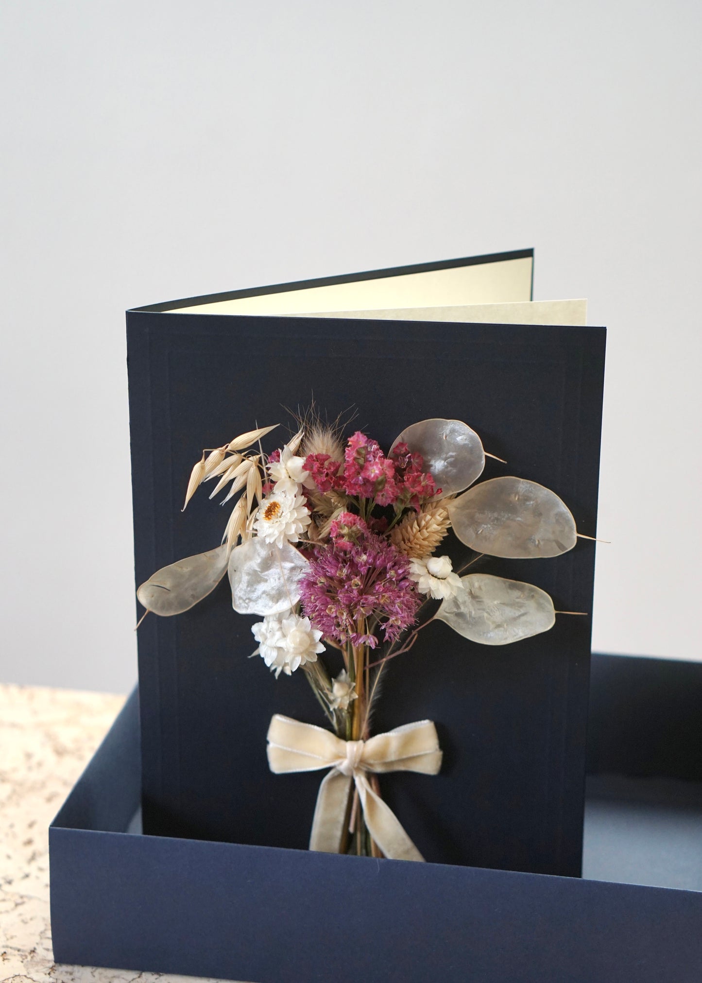Large A5 Handmade Dried Flower Bouquet Greeting Card - Allium & Honesty with Ivory Velvet Bow - Boxed