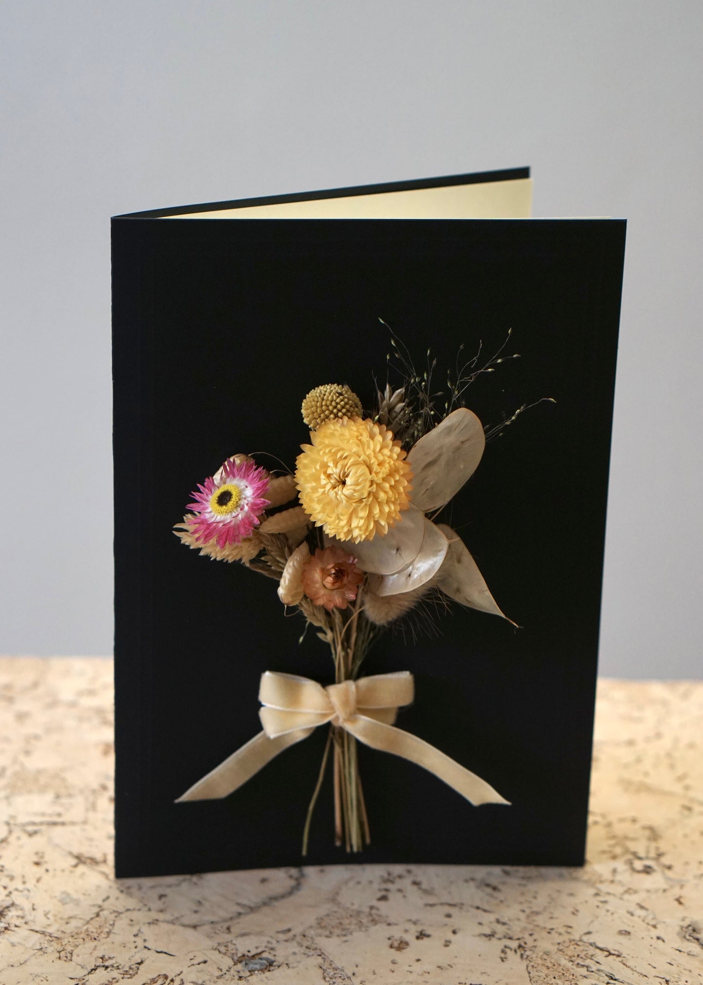Large A5 Handmade Dried Flower Bouquet Greeting Card - Yellow & Pink with Ivory Velvet Bow - Boxed