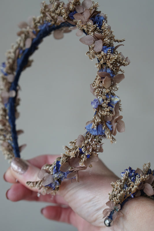 Dried Flower Headband & Bracelet - Blue Silk
