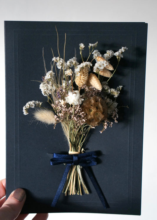 Large A5 Handmade Dried Flower Bouquet Greeting Card - Navy Blue Bow - Boxed