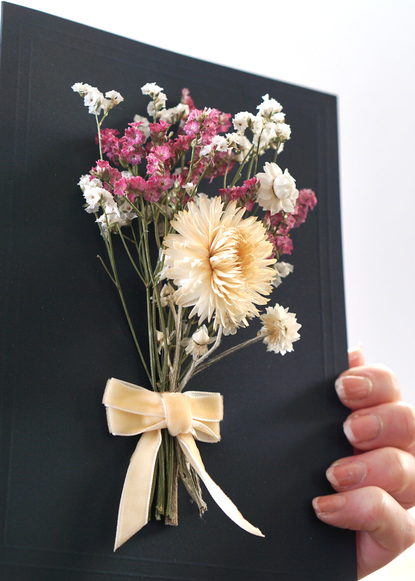Large A5 Handmade Dried Flower Bouquet Greeting Card - White Strawflower & Ivory Velvet Bow - Boxed
