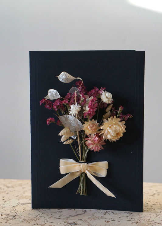 Large A5 Handmade Dried Flower Bouquet Greeting Card - Pink & Cream with Ivory Velvet Bow - Boxed