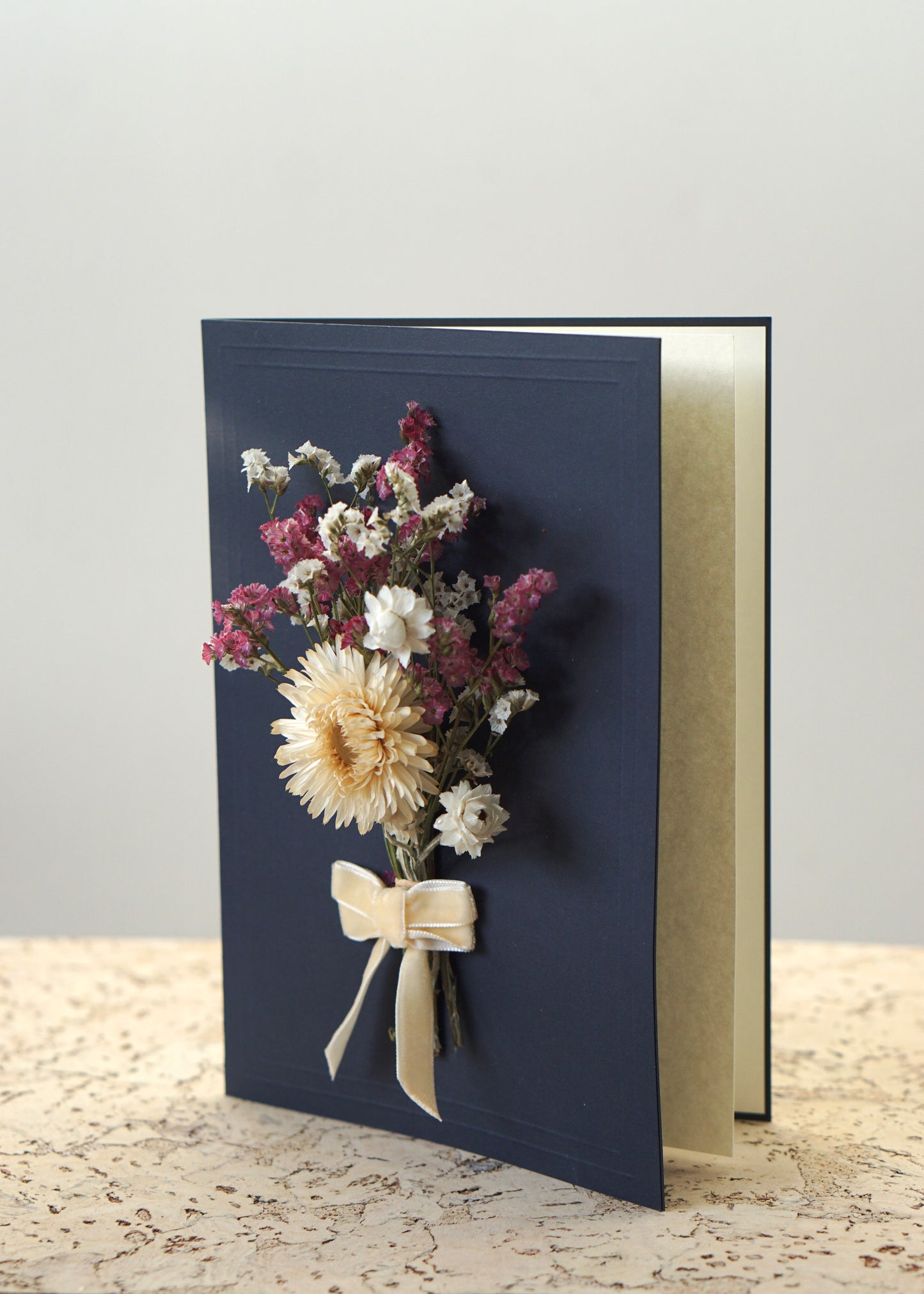 Large A5 Handmade Dried Flower Bouquet Greeting Card - White Strawflower & Ivory Velvet Bow - Boxed
