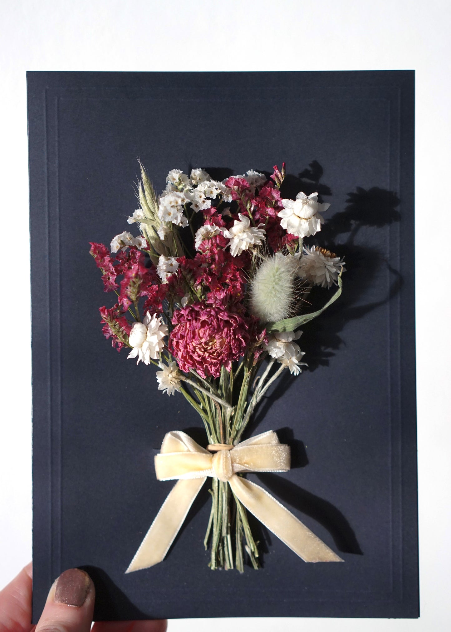 Large A5 Handmade Dried Flower Bouquet Greeting Card - Pink Dahlia Bunch with Ivory Velvet Bow - Boxed