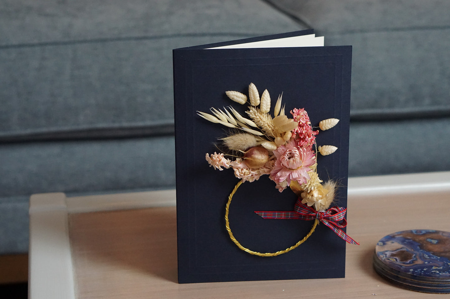 Large A5 Handmade Dried Flower Wreath Greeting Card - Pink Strawflower - Boxed