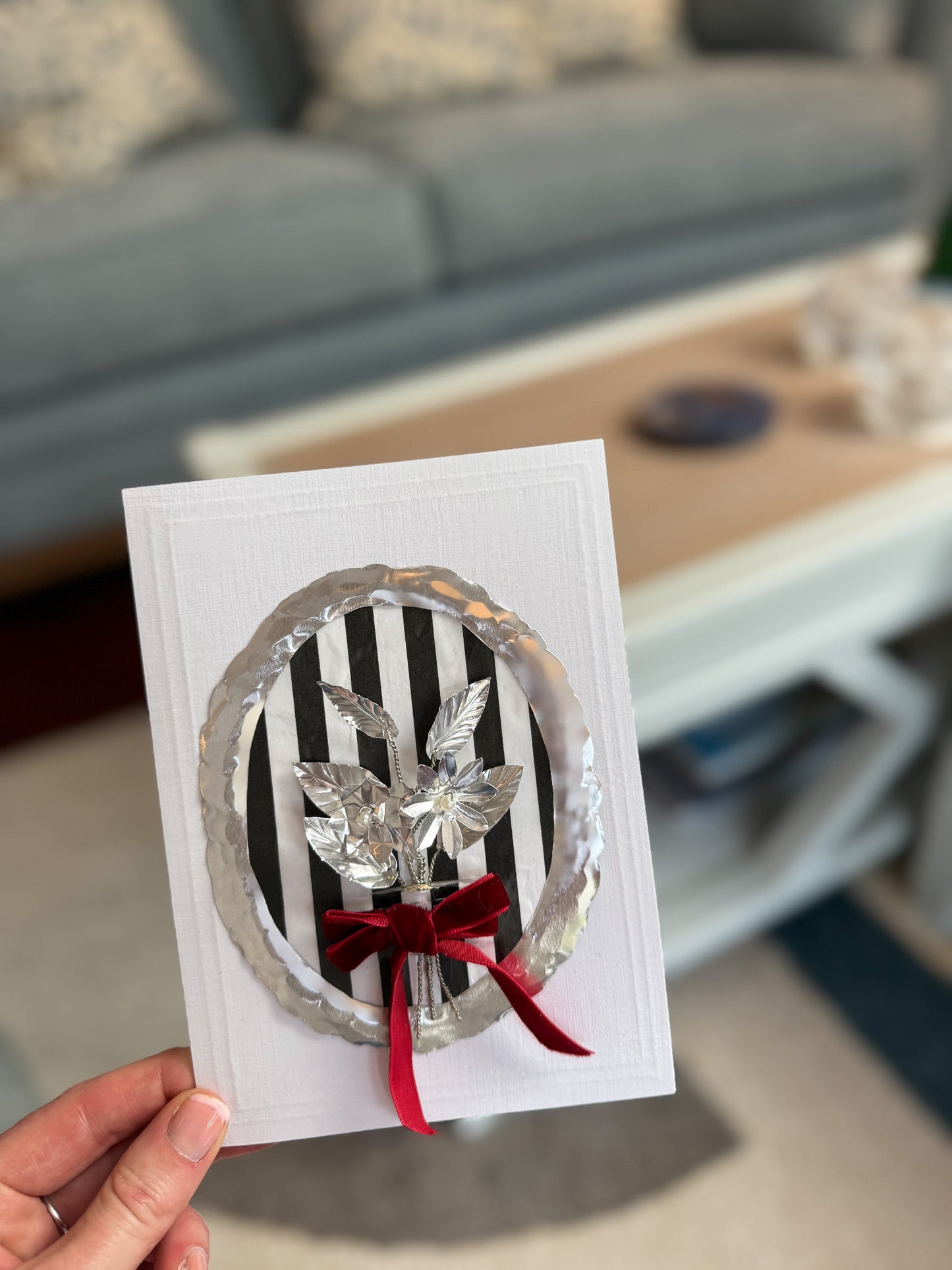 Luxury Handmade Silver Flower Bouquet Greeting Card - Red Velvet Bow - Medium (5x7)