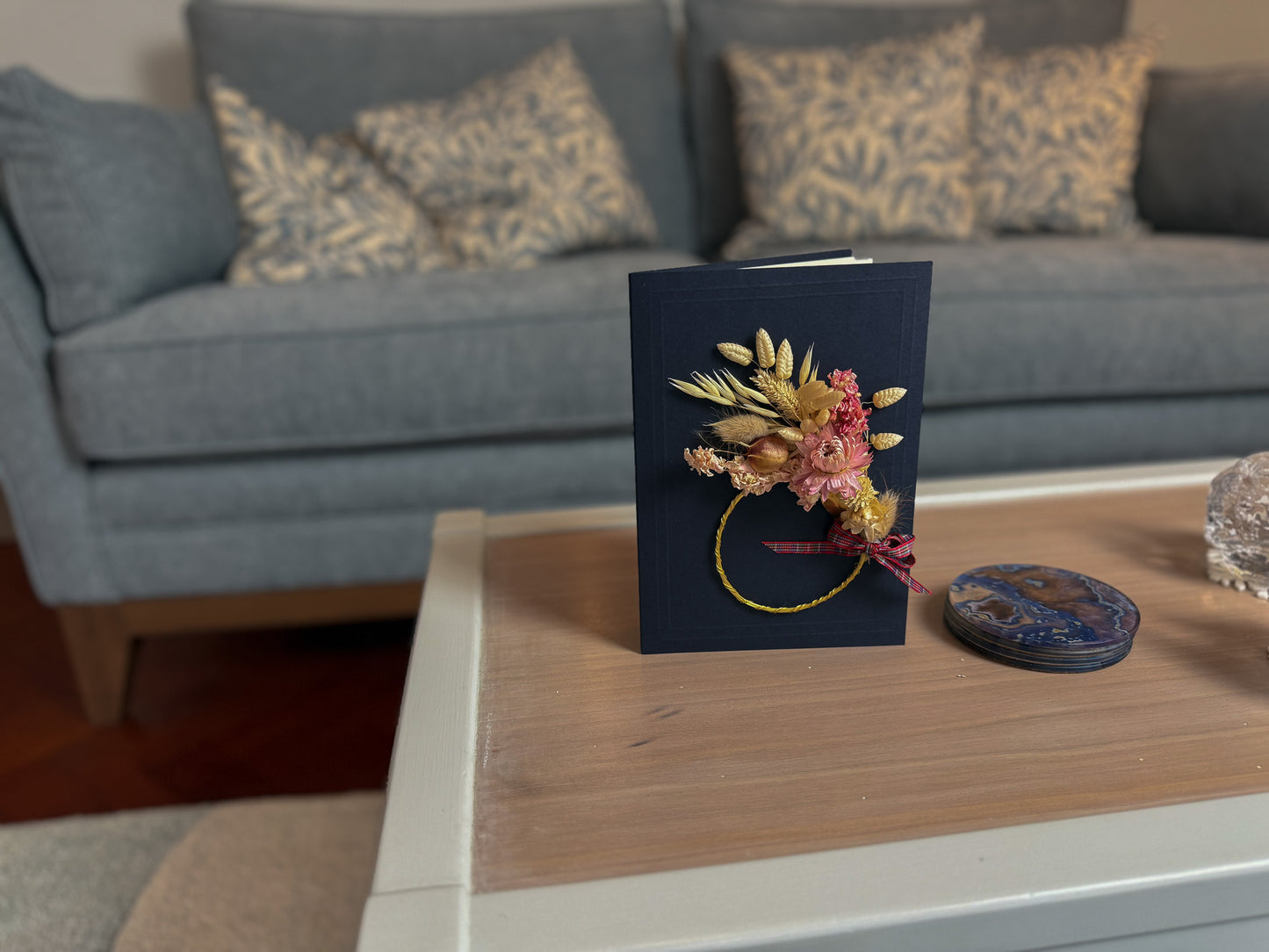 Large A5 Handmade Dried Flower Wreath Greeting Card - Pink Strawflower - Boxed