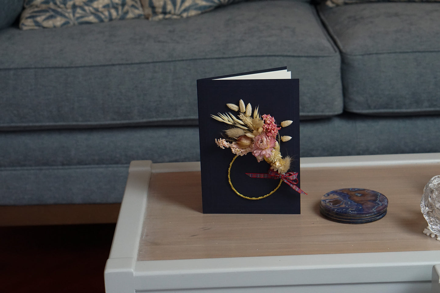 Large A5 Handmade Dried Flower Wreath Greeting Card - Pink Strawflower - Boxed