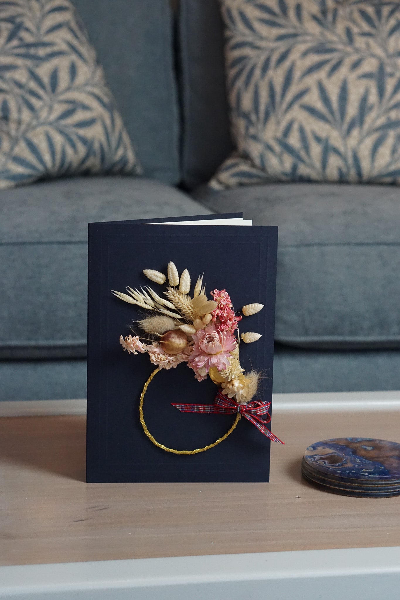 Large A5 Handmade Dried Flower Wreath Greeting Card - Pink Strawflower - Boxed