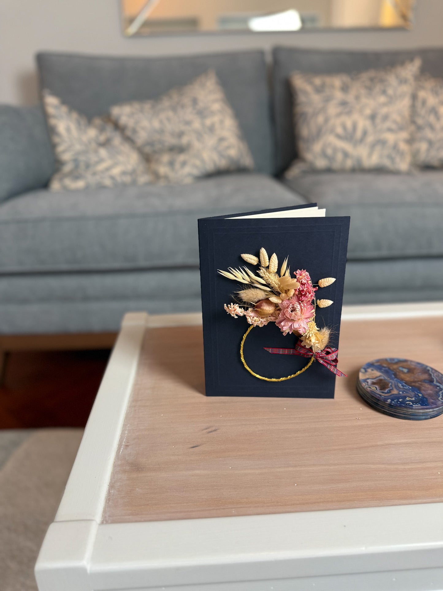 Large A5 Handmade Dried Flower Wreath Greeting Card - Pink Strawflower - Boxed