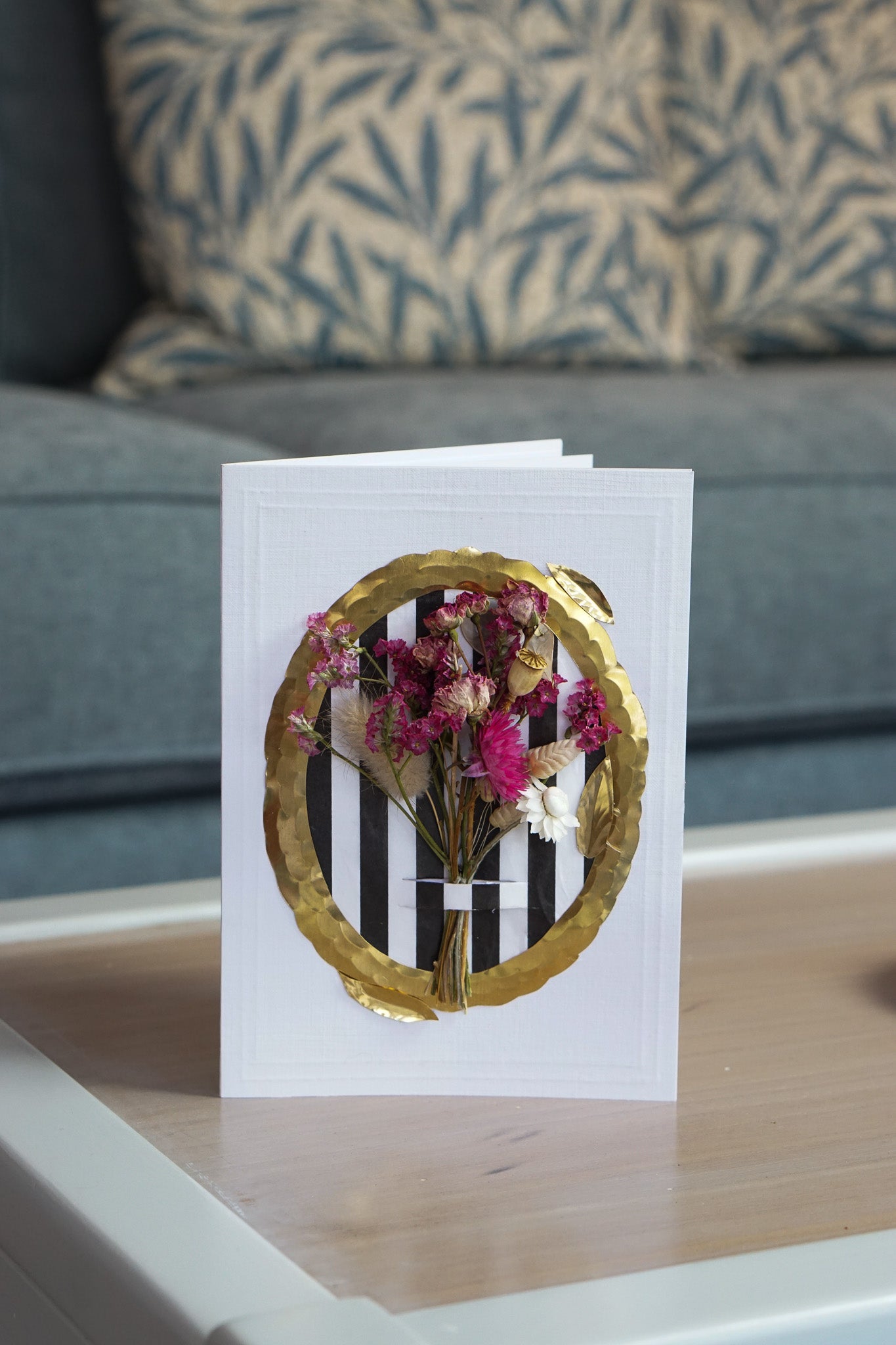 Luxury Handmade Flower Bouquet Greeting Card - Gold Frame - Medium (5x7) hot pink