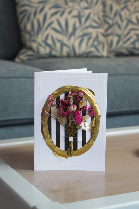 Luxury Handmade Flower Bouquet Greeting Card - Gold Frame - Medium (5x7) hot pink