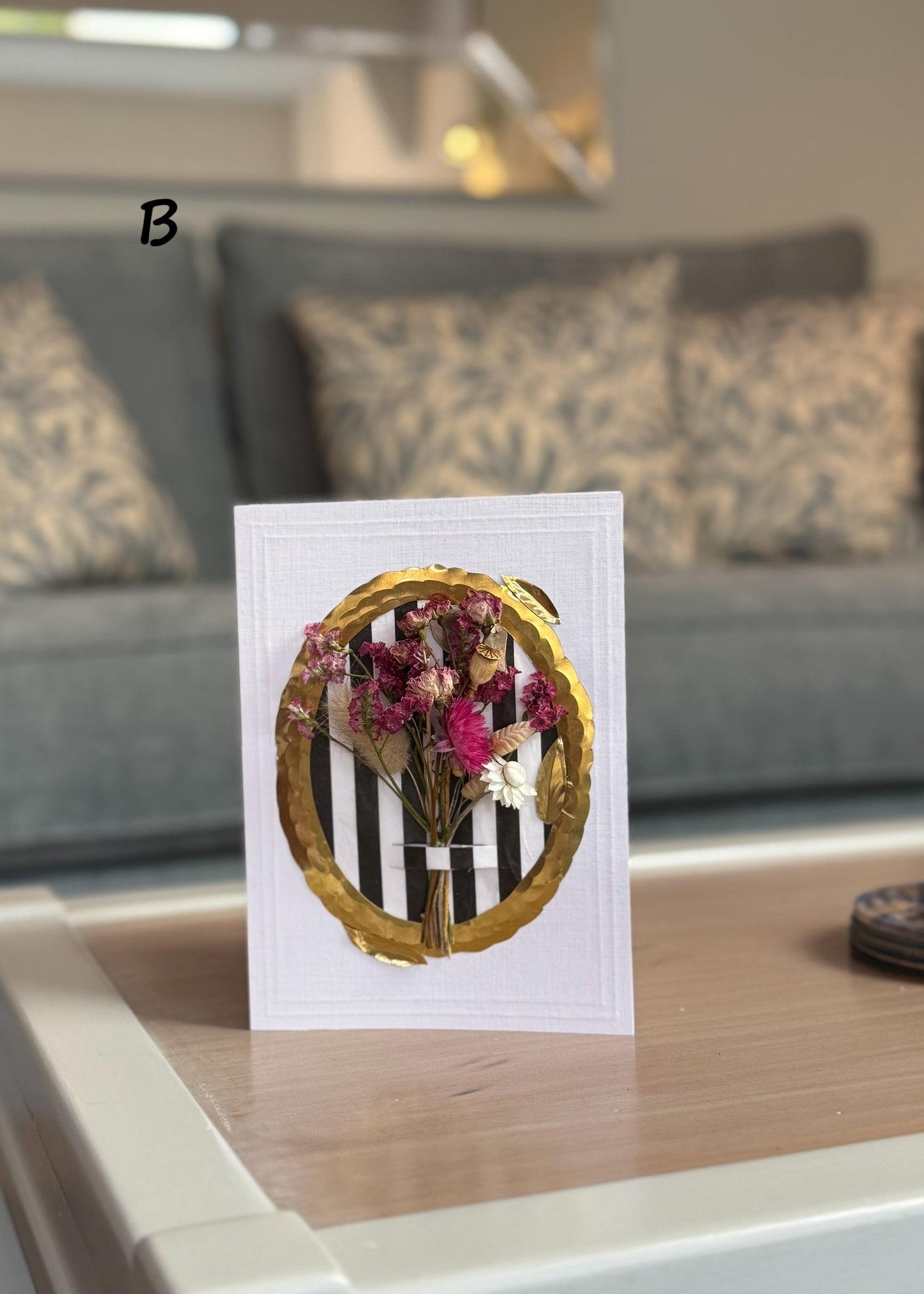 Luxury Handmade Flower Bouquet Greeting Card - Gold Frame - Medium (5x7) hot pink