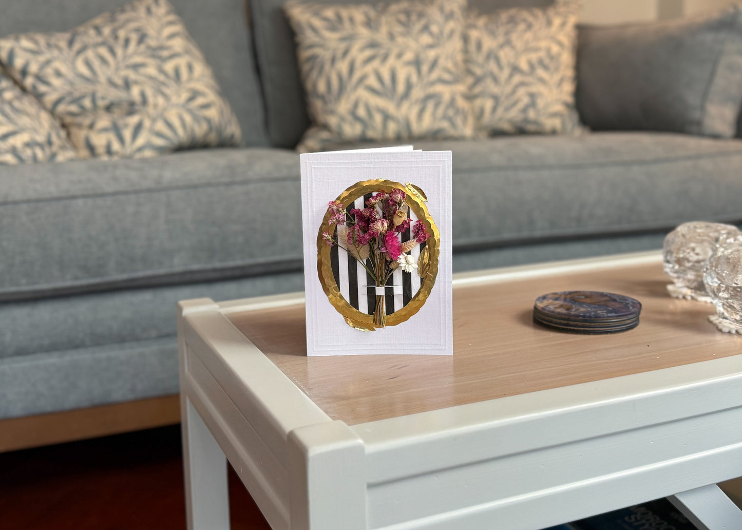 Luxury Handmade Flower Bouquet Greeting Card - Gold Frame - Medium (5x7) hot pink