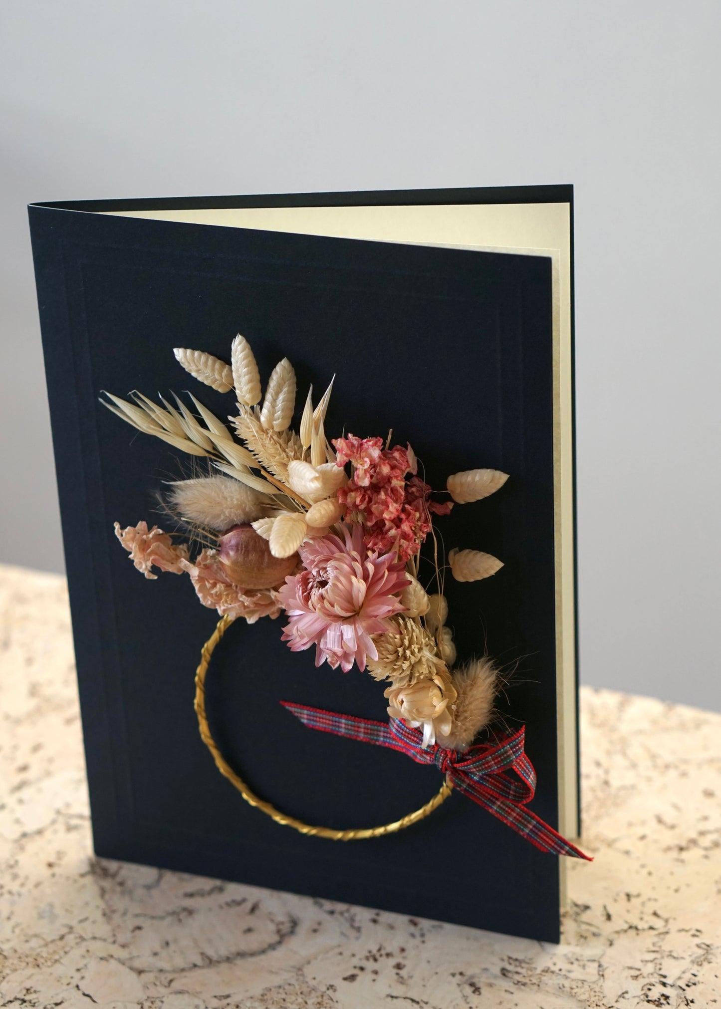 Large A5 Handmade Dried Flower Wreath Greeting Card - Pink Strawflower - Boxed