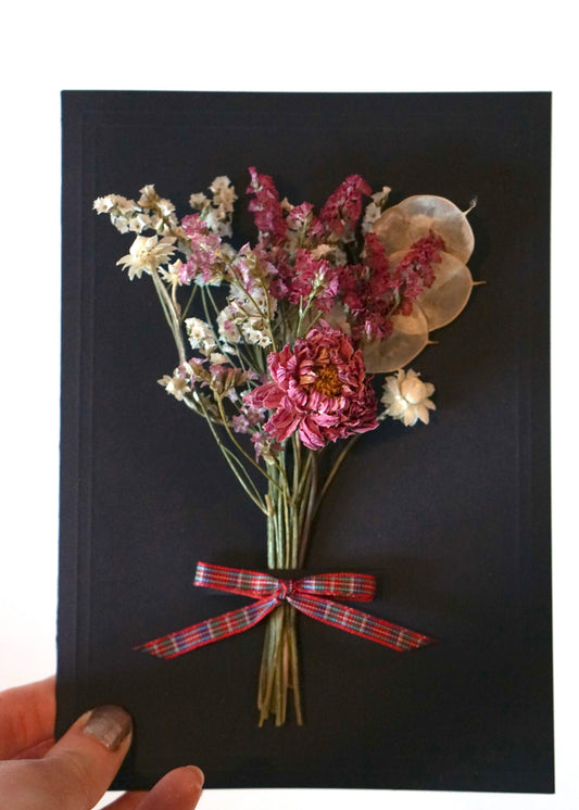 Large A5 Handmade Dried Flower Bouquet Greeting Card - Pink & White with Tartan Bow - Boxed