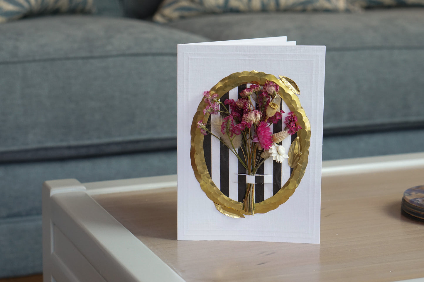 Luxury Handmade Flower Bouquet Greeting Card - Gold Frame - Medium (5x7) hot pink