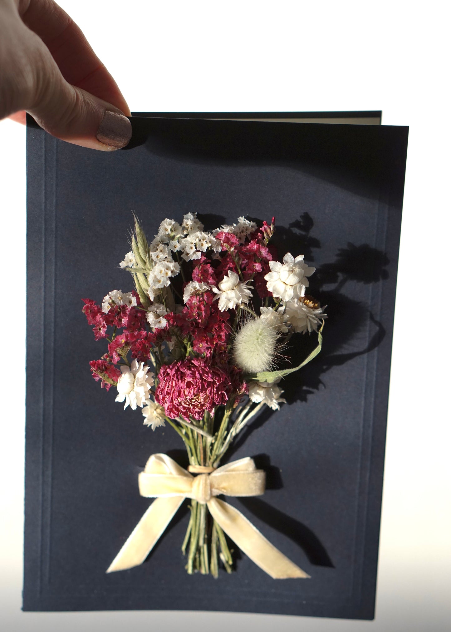 Large A5 Handmade Dried Flower Bouquet Greeting Card - Pink Dahlia Bunch with Ivory Velvet Bow - Boxed