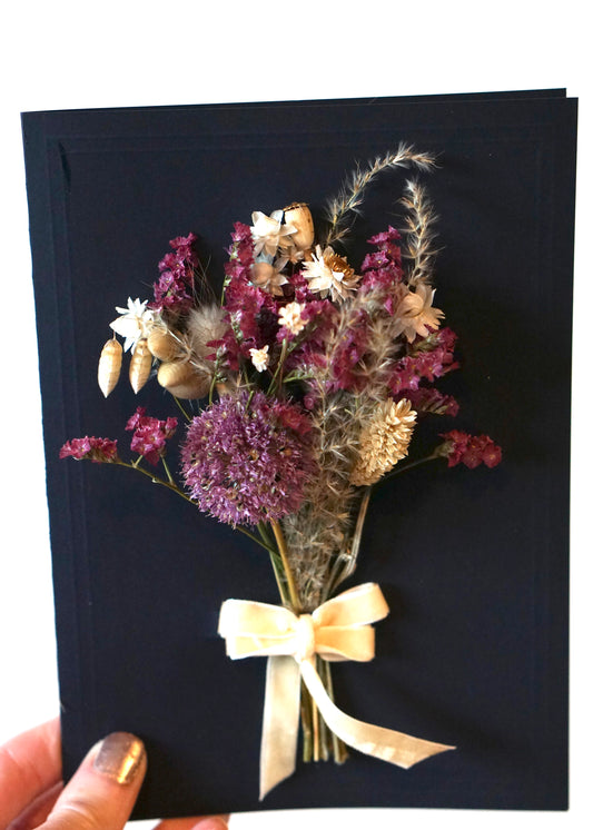 Large A5 Handmade Dried Flower Bouquet Greeting Card - Allium with Ivory Velvet Bow - Boxed