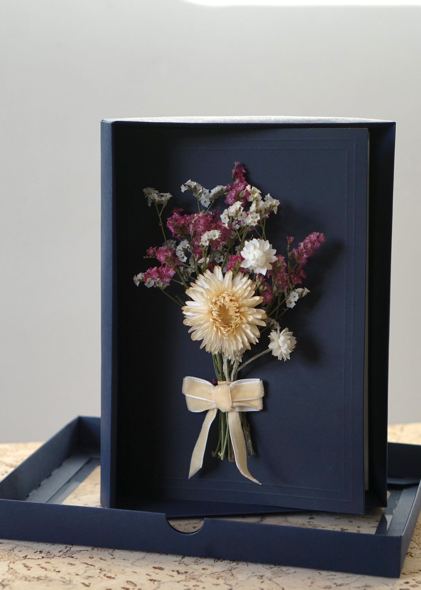 Large A5 Handmade Dried Flower Bouquet Greeting Card - White Strawflower & Ivory Velvet Bow - Boxed