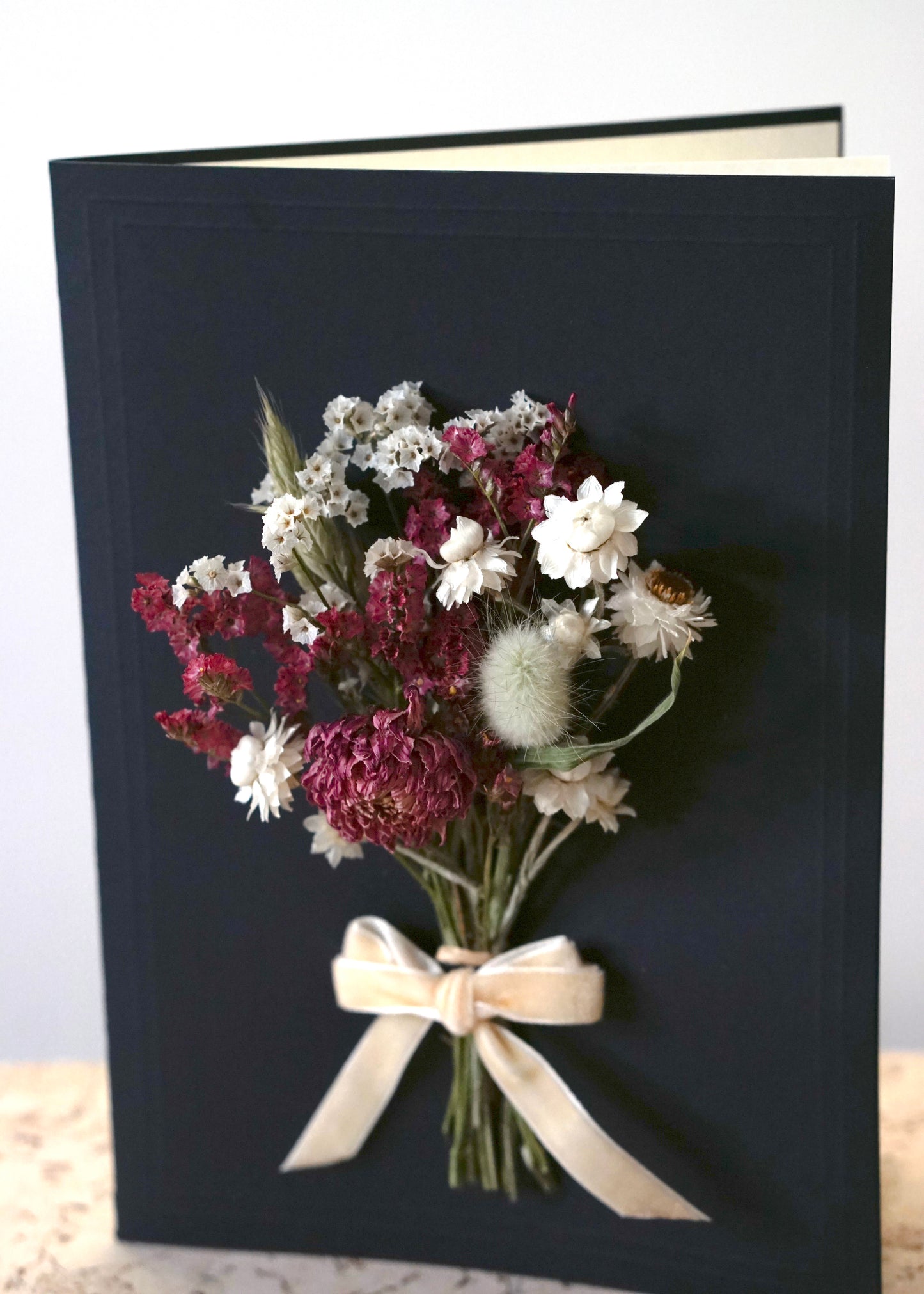 Large A5 Handmade Dried Flower Bouquet Greeting Card - Pink Dahlia Bunch with Ivory Velvet Bow - Boxed