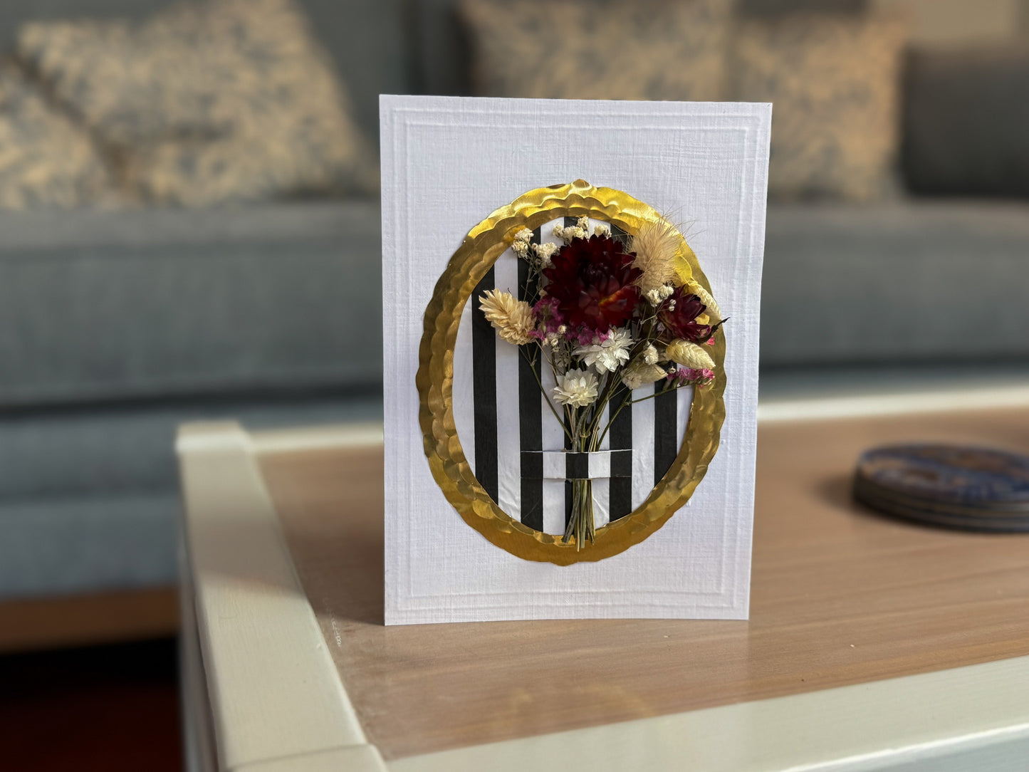 Luxury Handmade Flower Bouquet Greeting Card - Gold Frame - Medium (5x7) - black & white