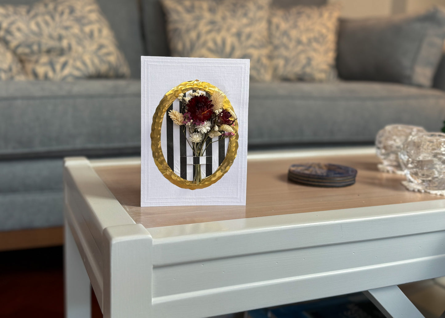 Luxury Handmade Flower Bouquet Greeting Card - Gold Frame - Medium (5x7) - black & white