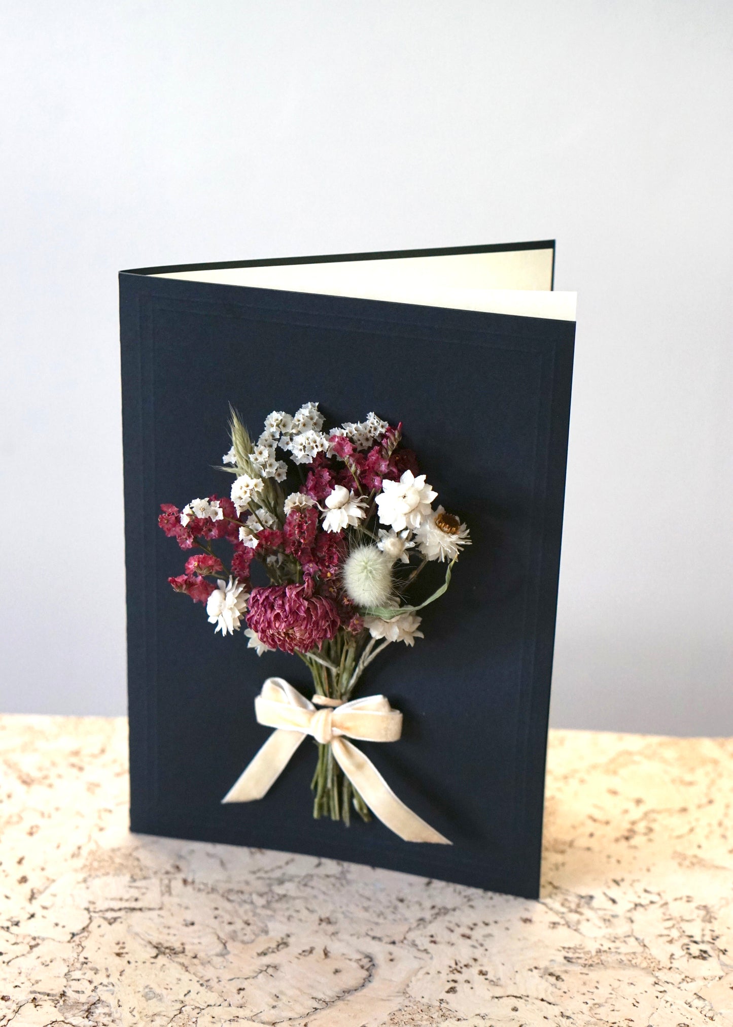 Large A5 Handmade Dried Flower Bouquet Greeting Card - Pink Dahlia Bunch with Ivory Velvet Bow - Boxed