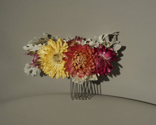 Small dried flower hair comb - multi coloured