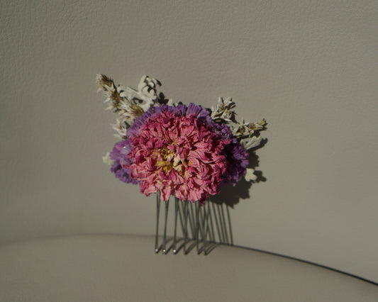 Small dried flower hair comb - pink and lilac