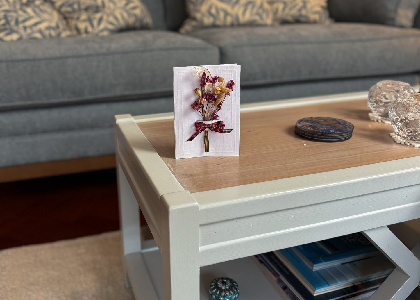 A6 Dried Flower Bouquet Greeting Card - White- Boxed - Honesty