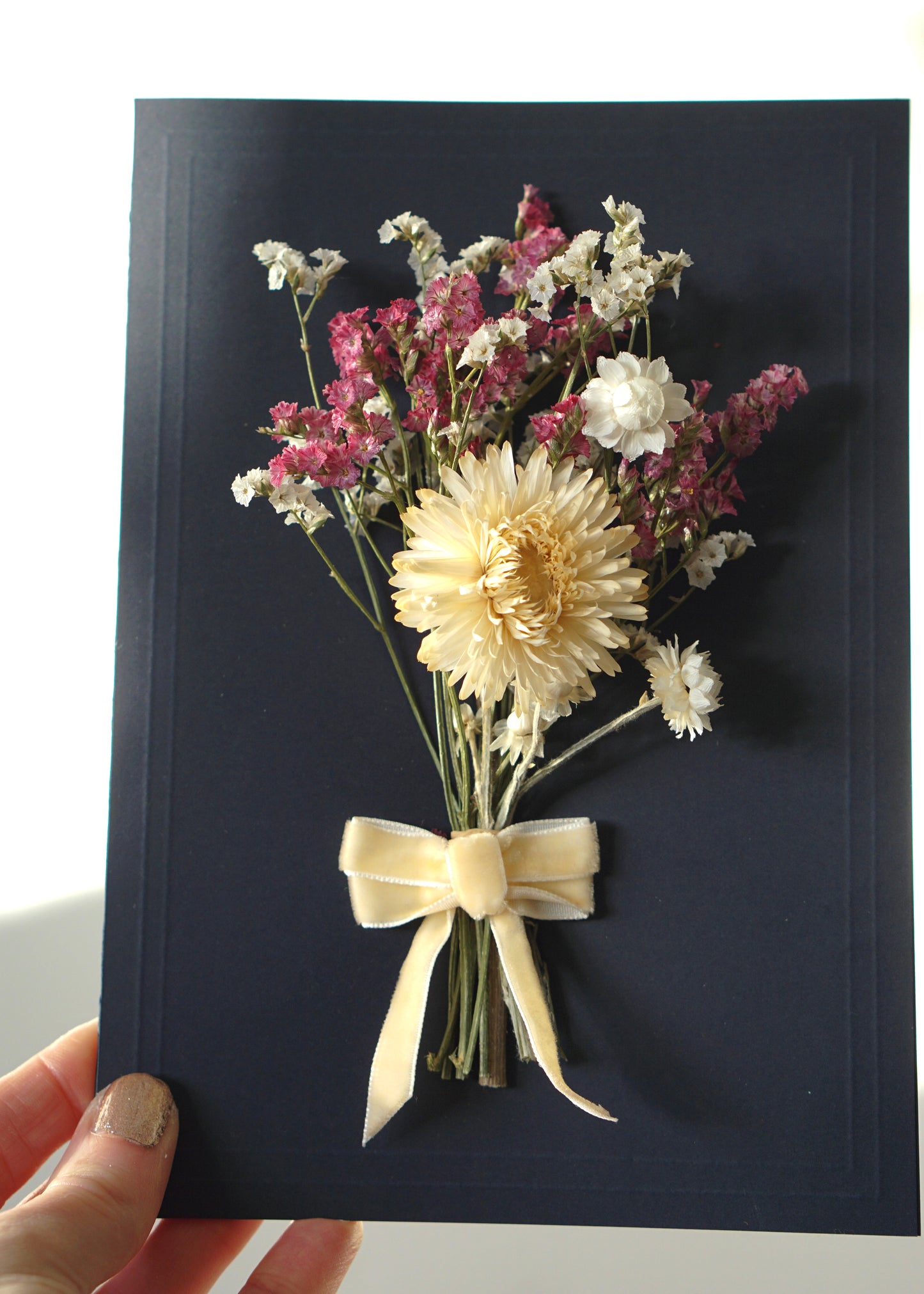Large A5 Handmade Dried Flower Bouquet Greeting Card - White Strawflower & Ivory Velvet Bow - Boxed