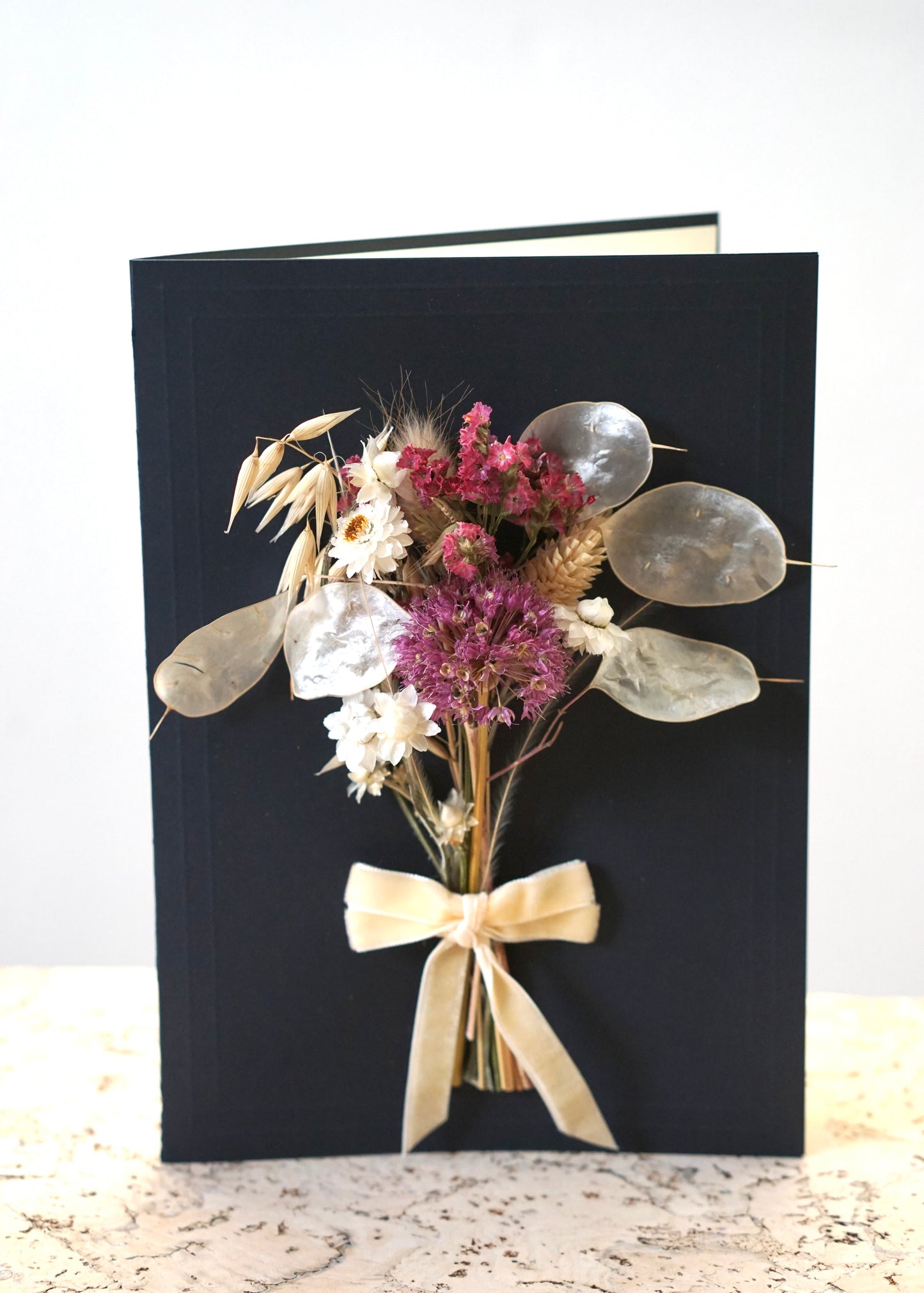 Large A5 Handmade Dried Flower Bouquet Greeting Card - Allium & Honesty with Ivory Velvet Bow - Boxed