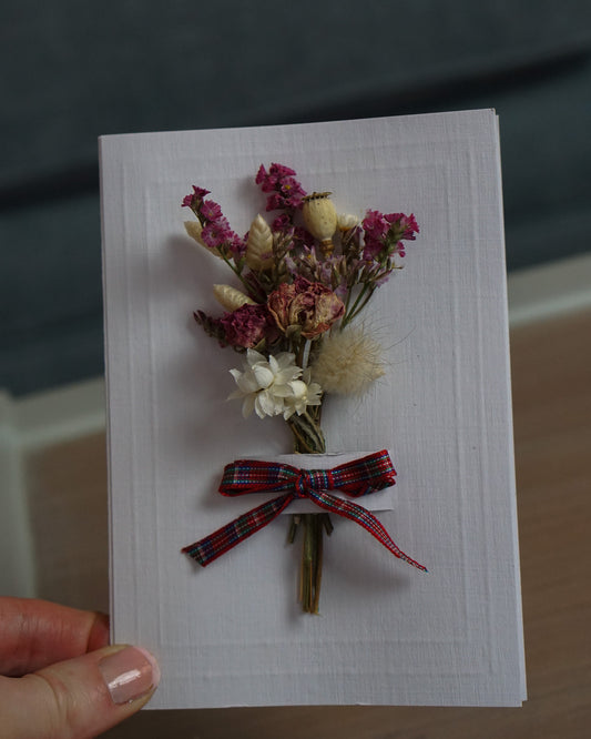 A6 Dried Flower Bouquet Greeting Card - White- Boxed - with tartan bow