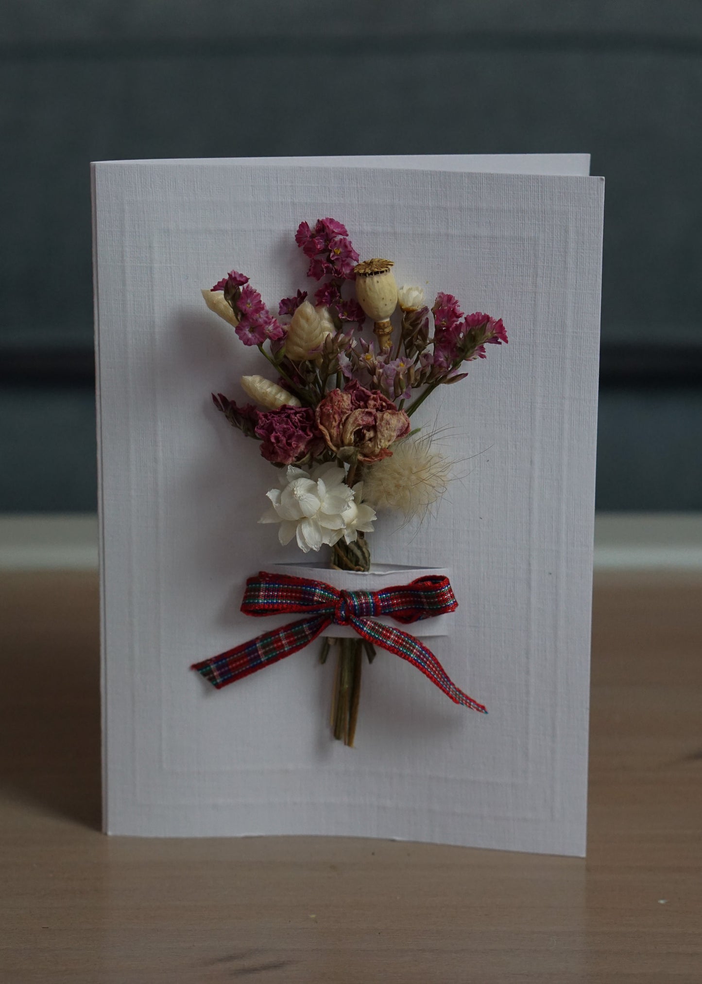 A6 Dried Flower Bouquet Greeting Card - White- Boxed - with tartan bow