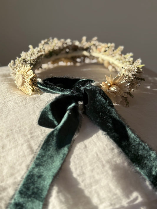 Flower Crown - white and green with silk velvet