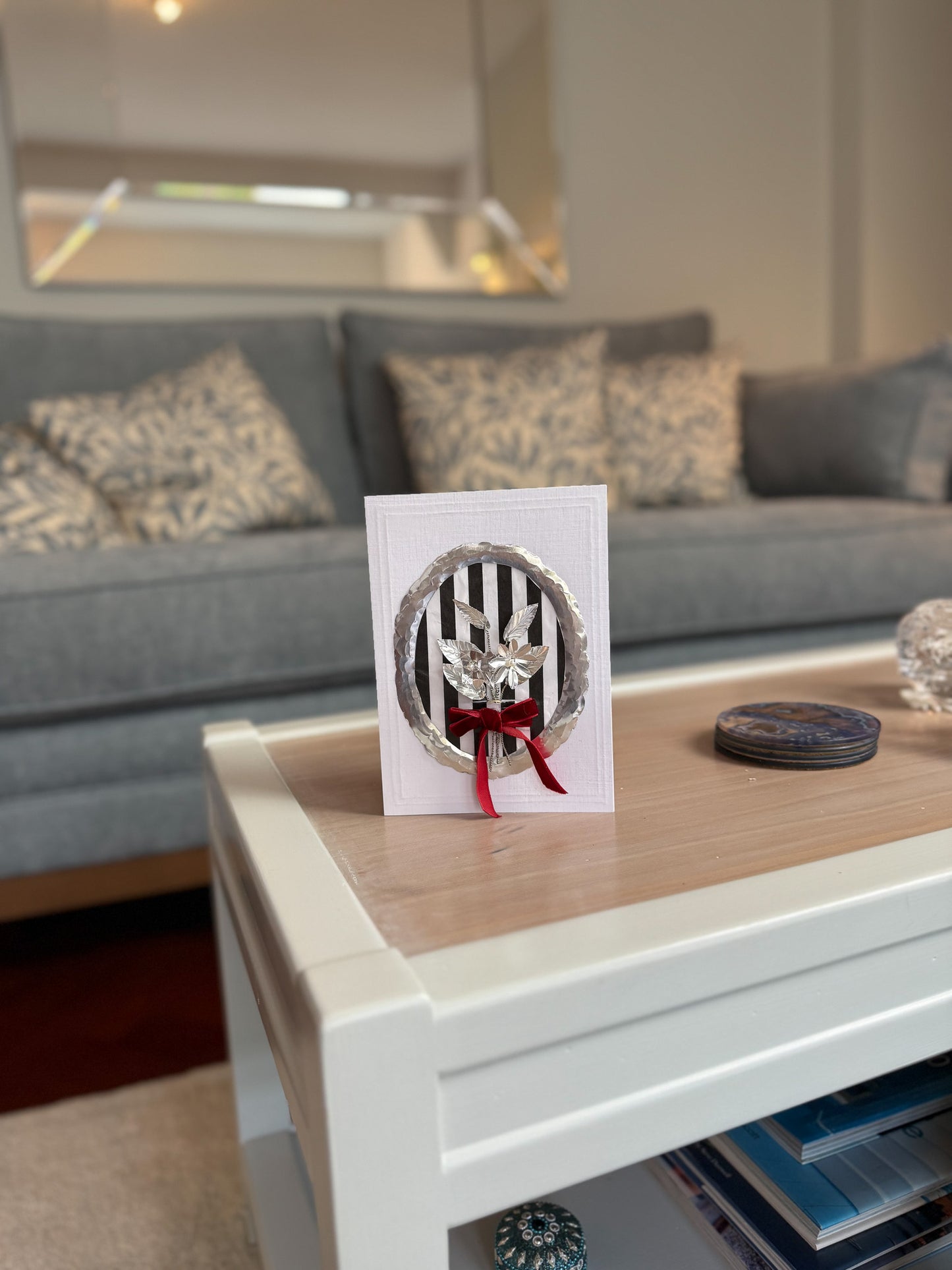 Luxury Handmade Silver Flower Bouquet Greeting Card - Red Velvet Bow - Medium (5x7)