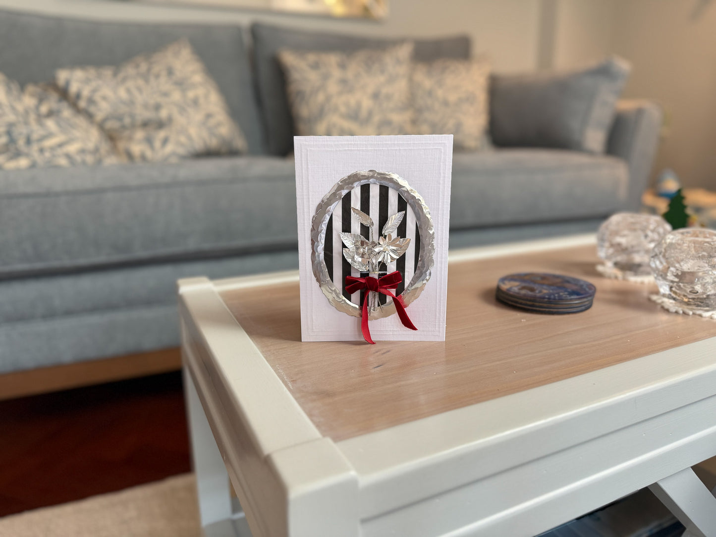 Luxury Handmade Silver Flower Bouquet Greeting Card - Red Velvet Bow - Medium (5x7)